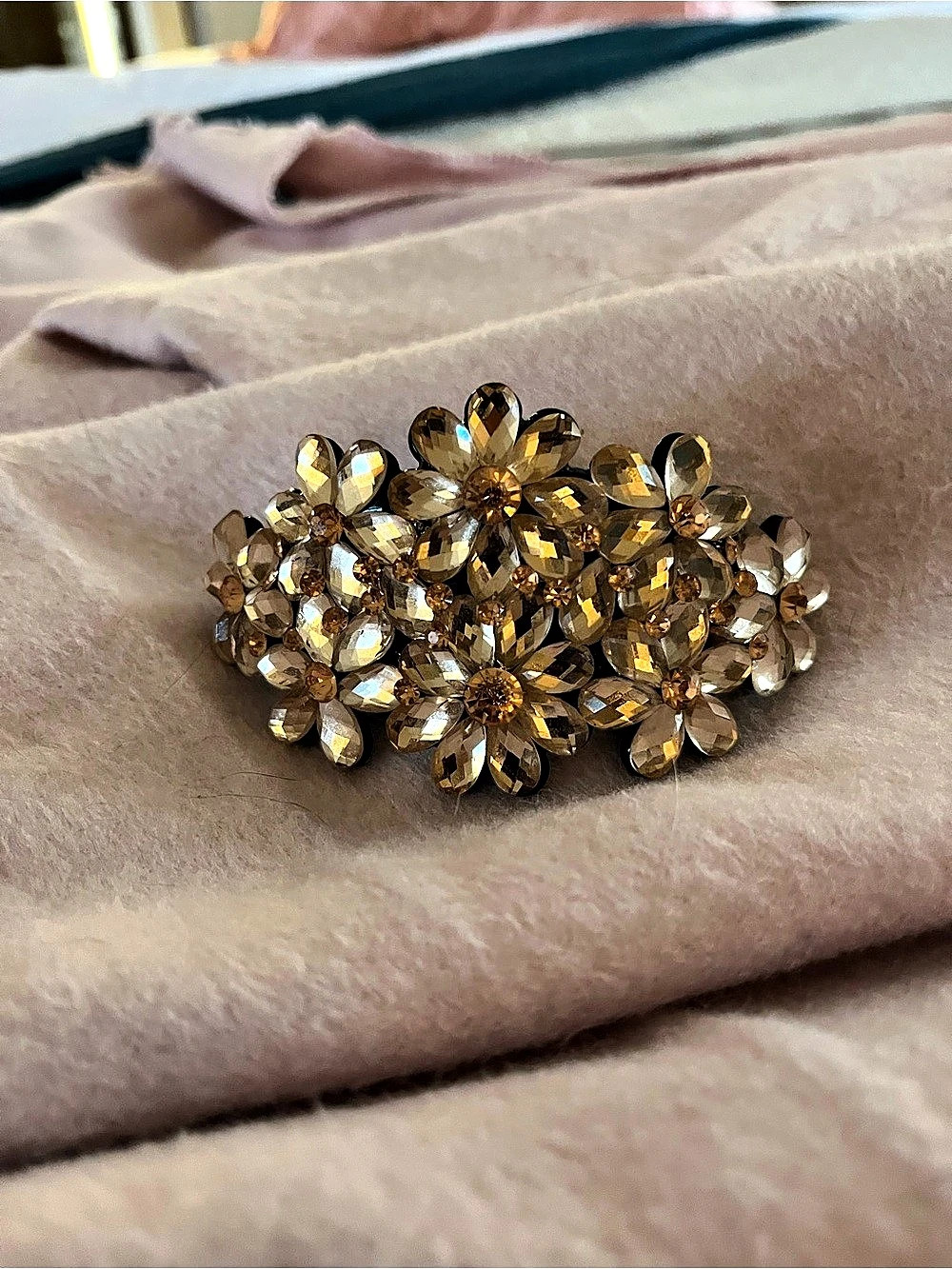 Floral Crystal Cluster Brooch in Gold